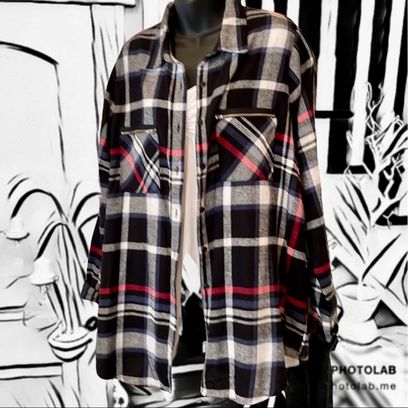 My Style Tops - Plaid Rich Black & White (red & blue) Shirt Blouse 100% Cotton soft thin flannel